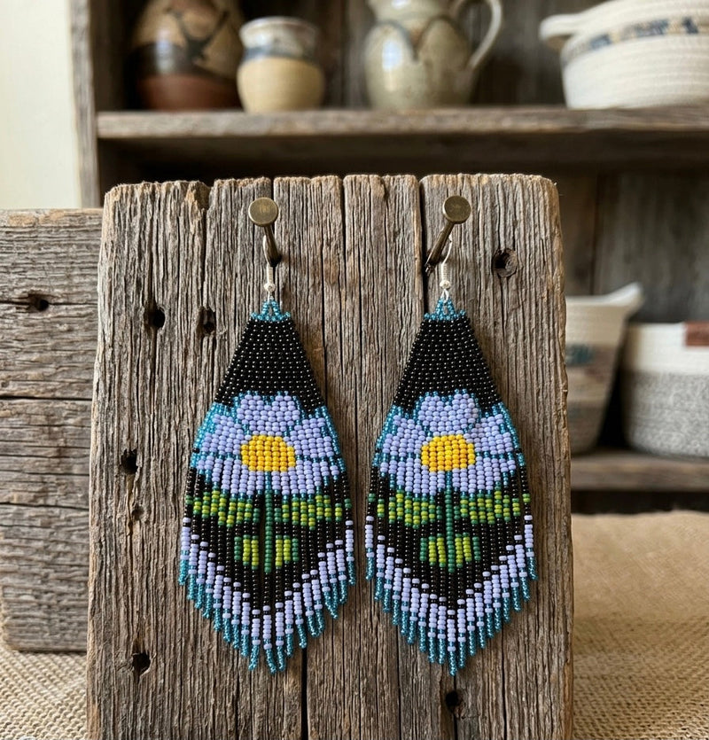 Flower Beaded Earrings ( Blue )-4