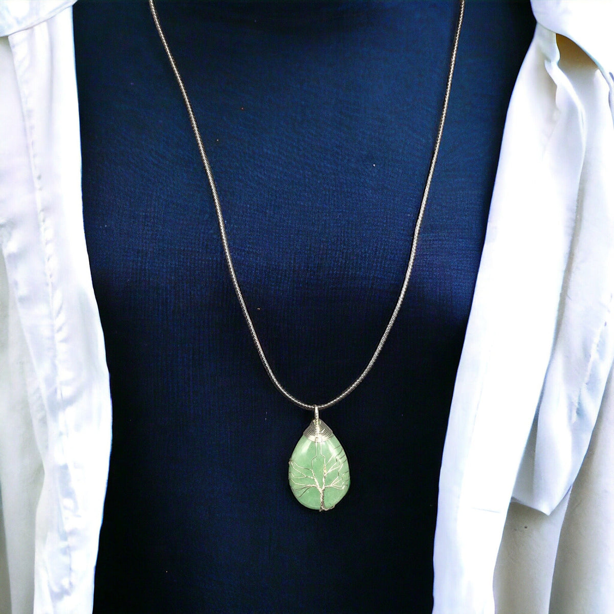 Green Gemstone Pendant Wrapped w/ Silver Tree of Life-1