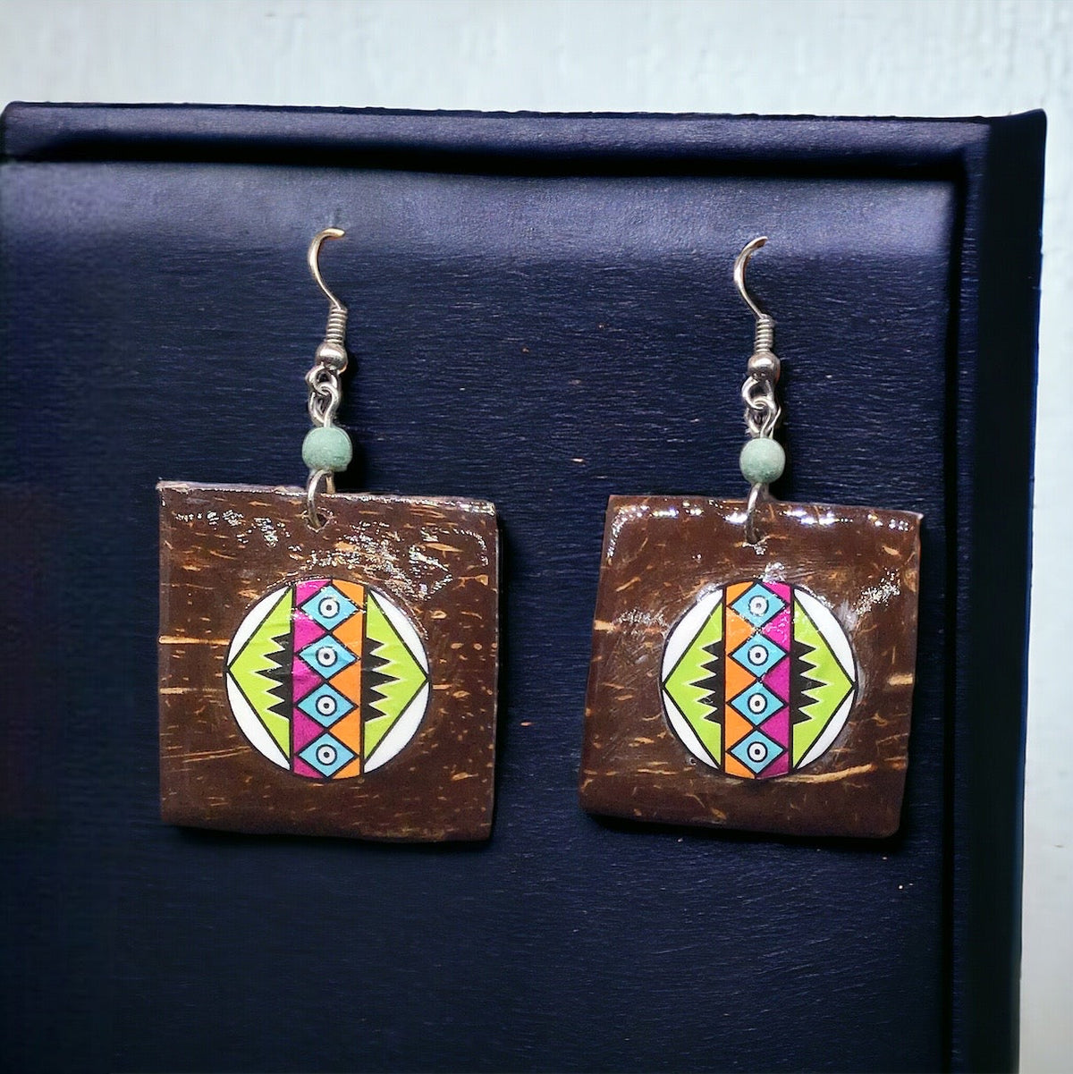Wood Painted Green Square Earrings-1