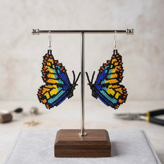Blue Beaded Butterfly Wing Earrings-3