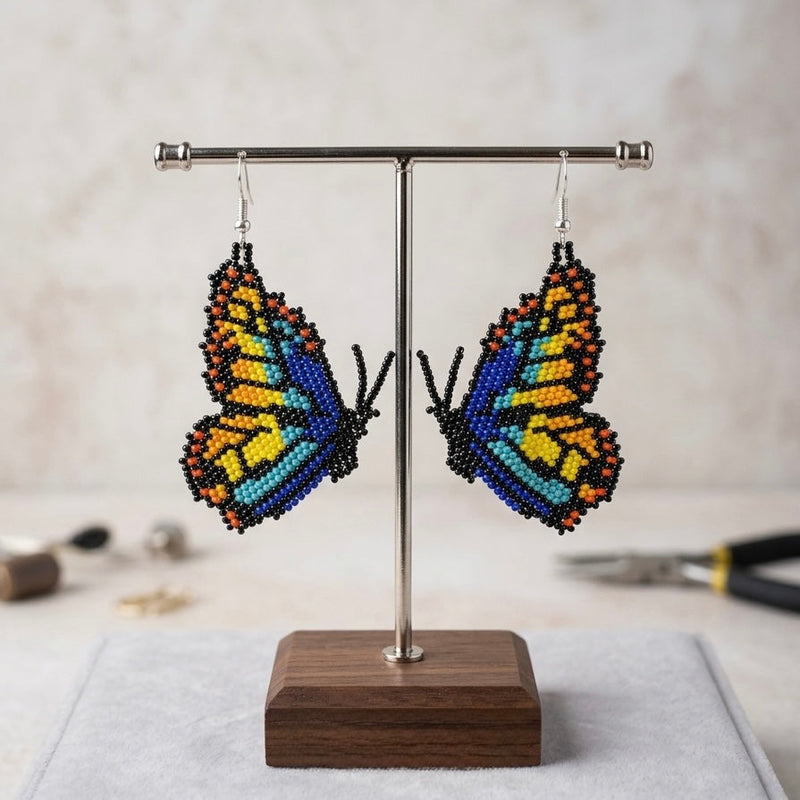 Blue Beaded Butterfly Wing Earrings-3