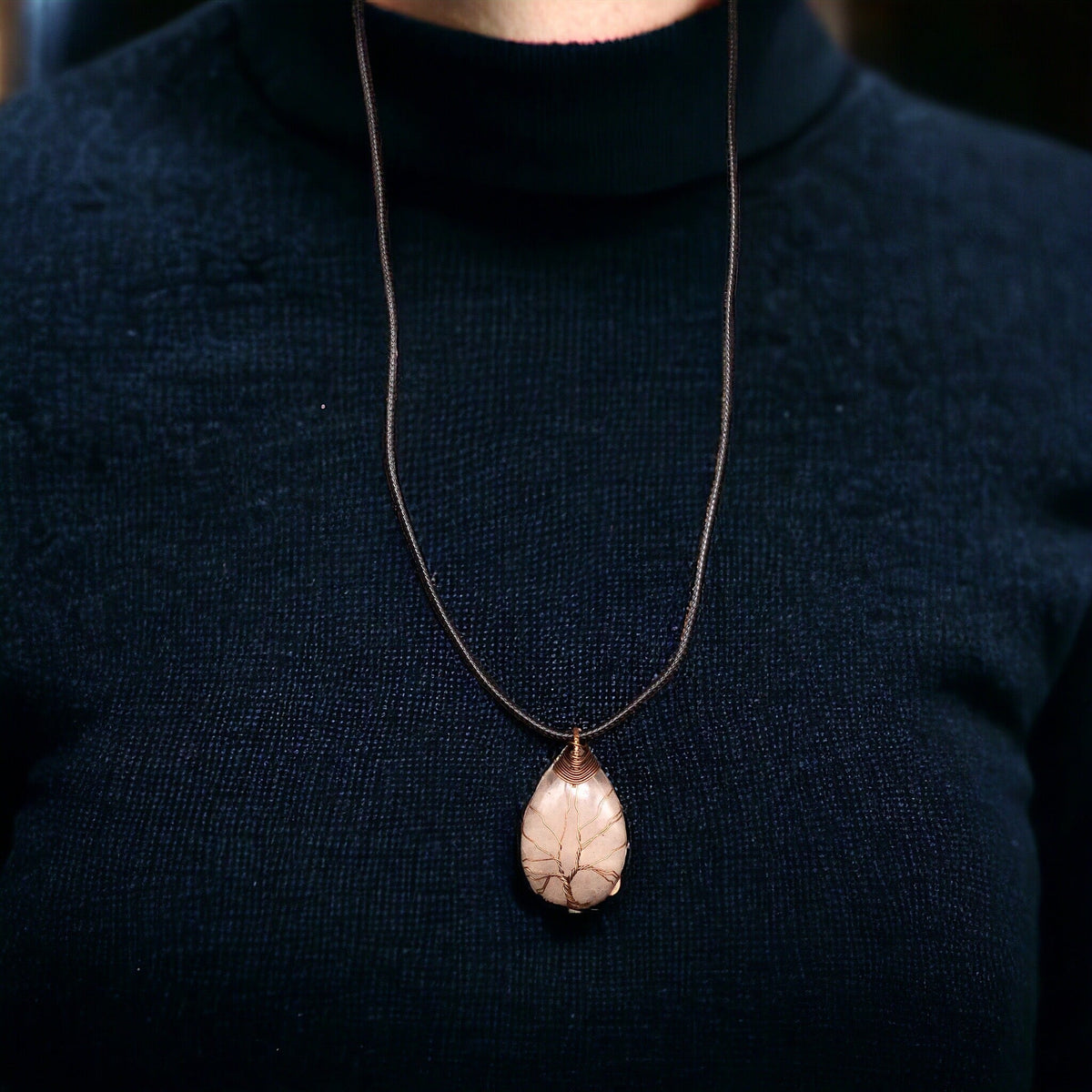 Light pink Gemstone Pendant Wrapped w/ bronze Tree of Life-1