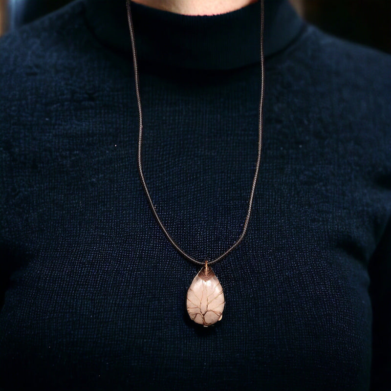 Light pink Gemstone Pendant Wrapped w/ bronze Tree of Life-1