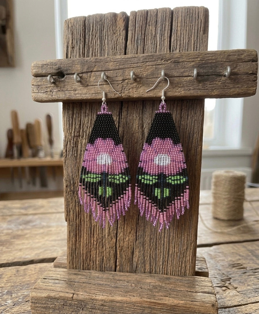 Flower Beaded Earrings ( Pink )-5