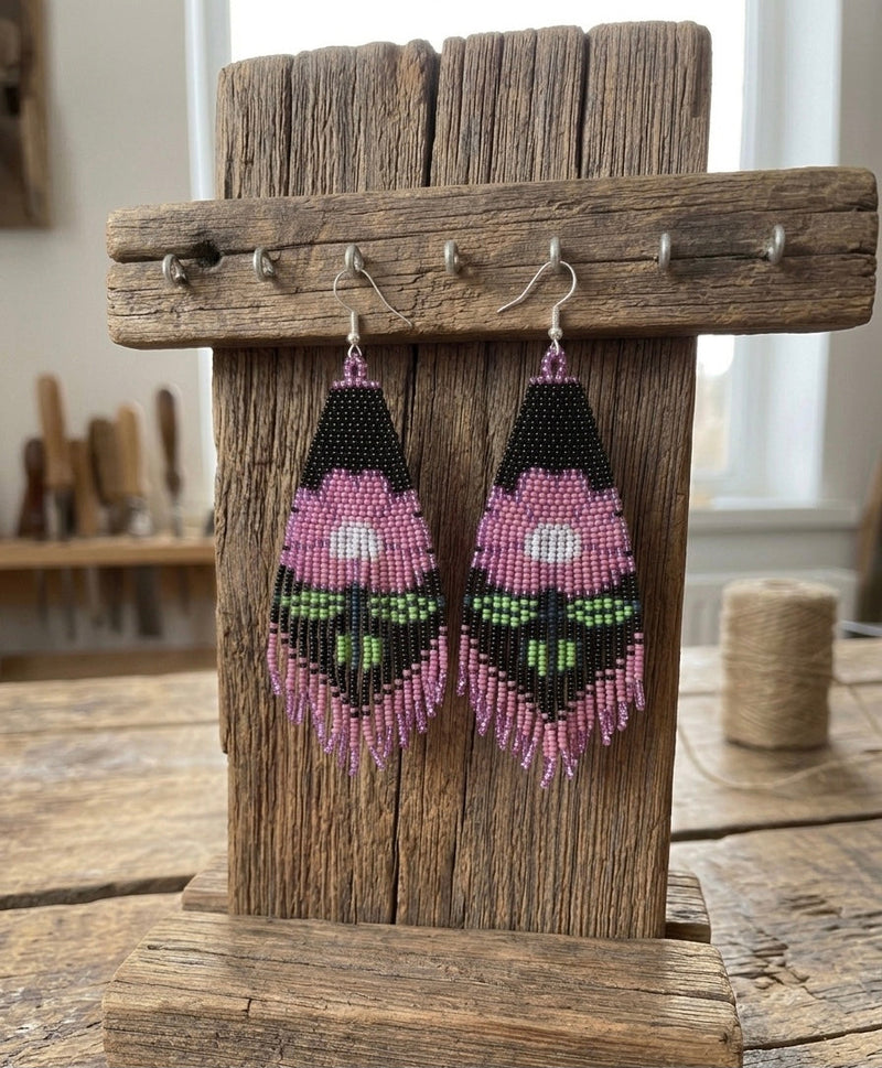 Flower Beaded Earrings ( Pink )-5