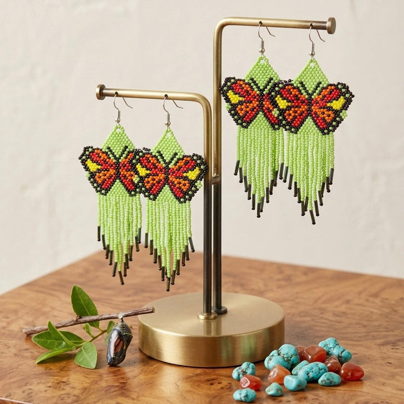 Green Beaded Dancing Wing Earrings-4