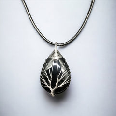 Black Gemstone Pendant Wrapped w/ Silver Tree of Life-2