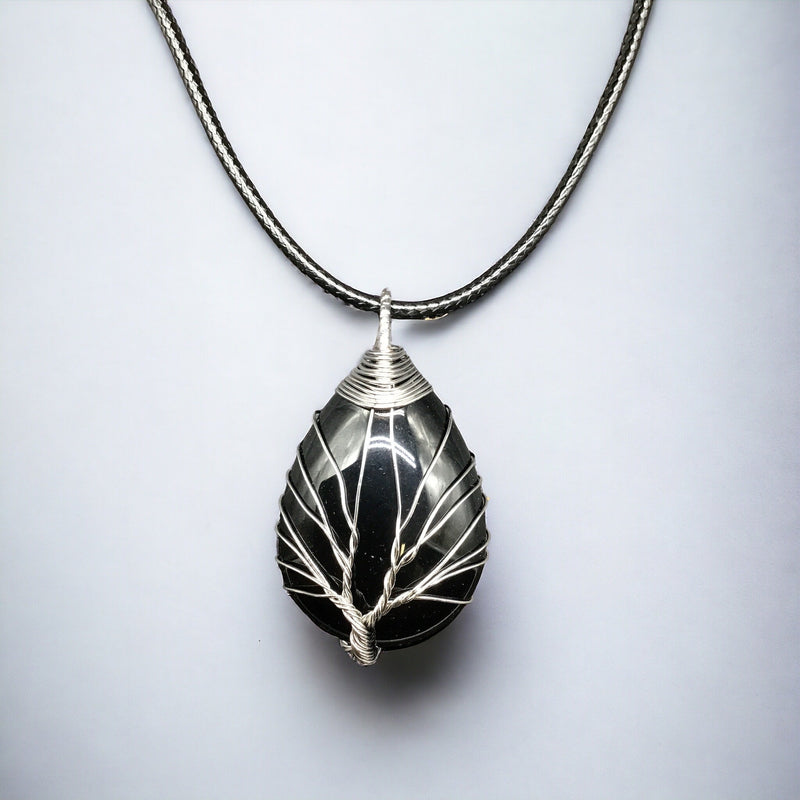 Black Gemstone Pendant Wrapped w/ Silver Tree of Life-2