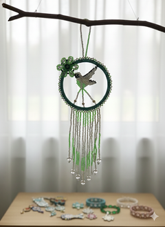 Turquoise and white Native Beaded Hummingbird-1