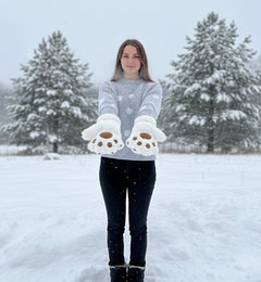 White Soft Plush Bear Paw Gloves-1