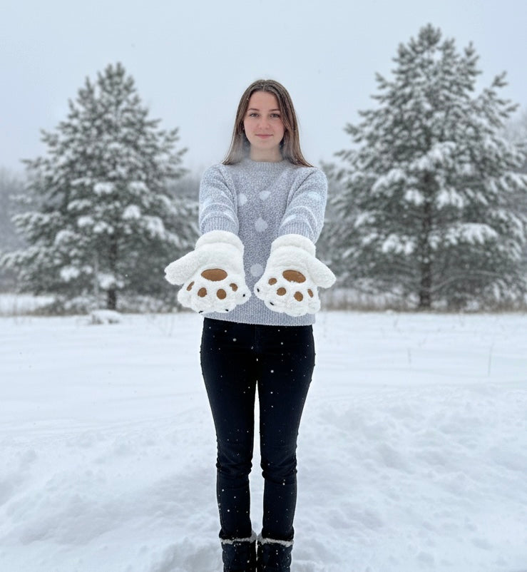 White Soft Plush Bear Paw Gloves-1