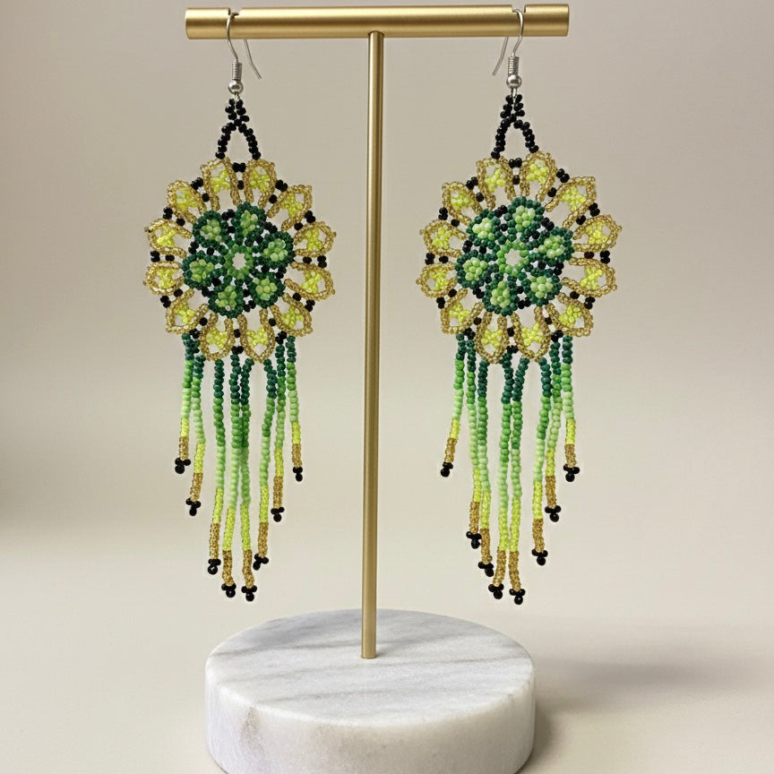 Dark Green Flower beaded Earrings-2