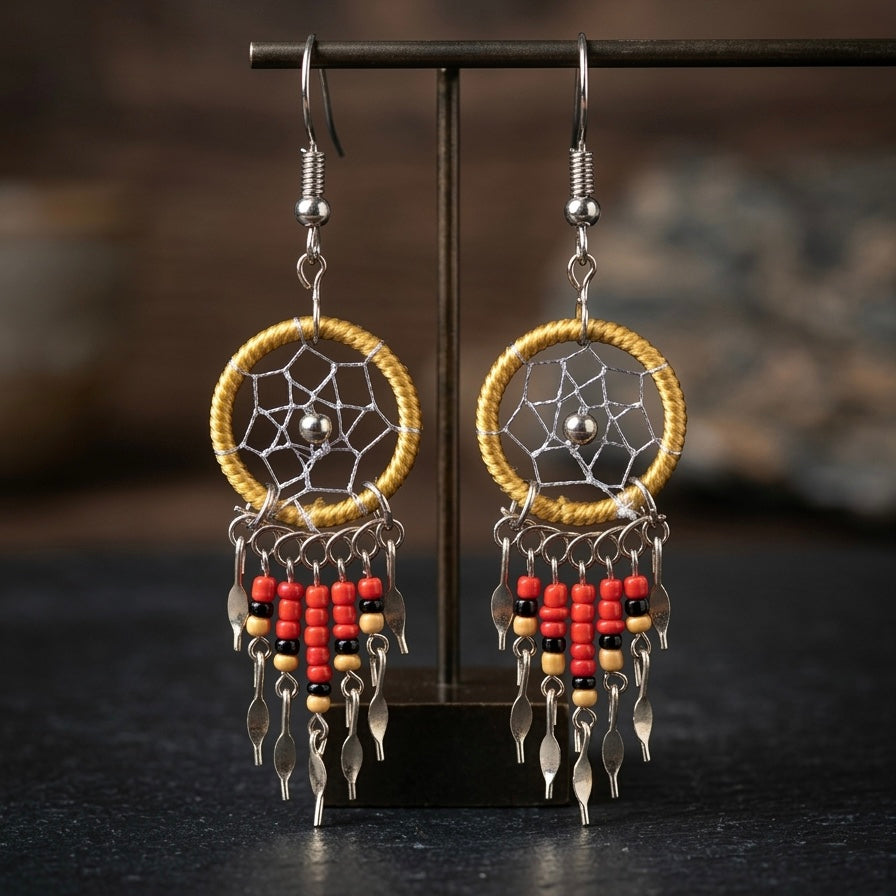 Light gold Beaded Dreamcatcher earrings-2