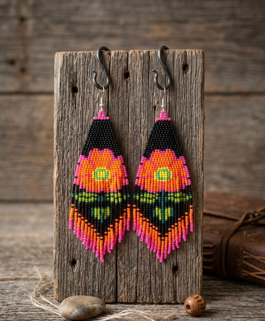 Flower Beaded Earrings ( Orange )-6