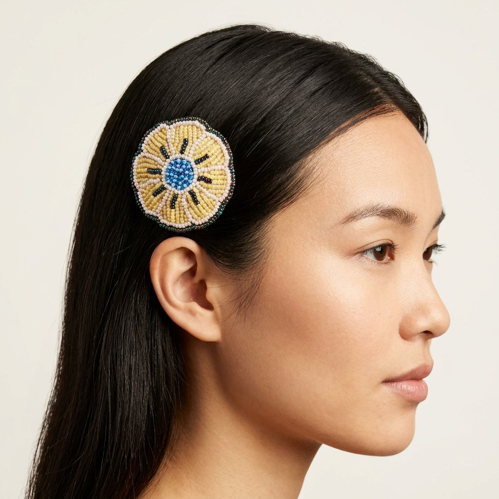 Yellow Beaded Flower Barrette-3