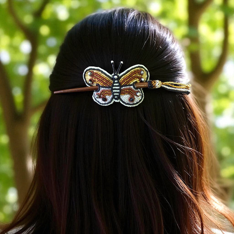 White black Handmade Beaded Butterfly Barrete-1