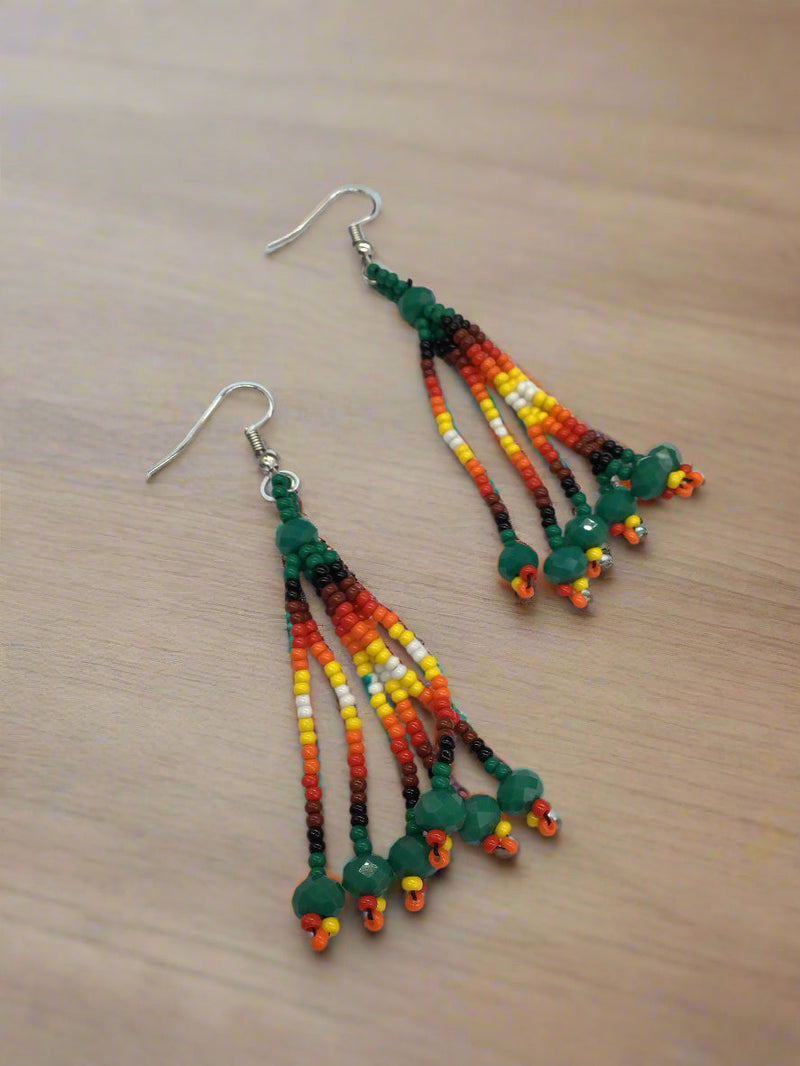 Green Six-Strand Beaded Cascade Earrings-2