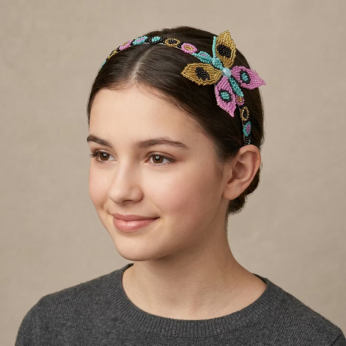 Beaded Headband with Butterfly Pink-1