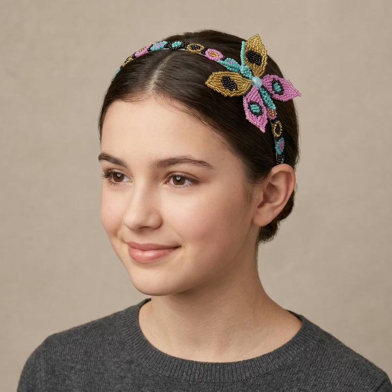 Beaded Headband with Butterfly Pink-1