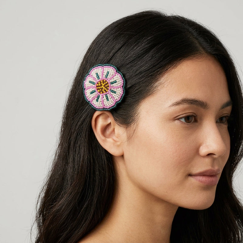 White Beaded Flower Barrette-3
