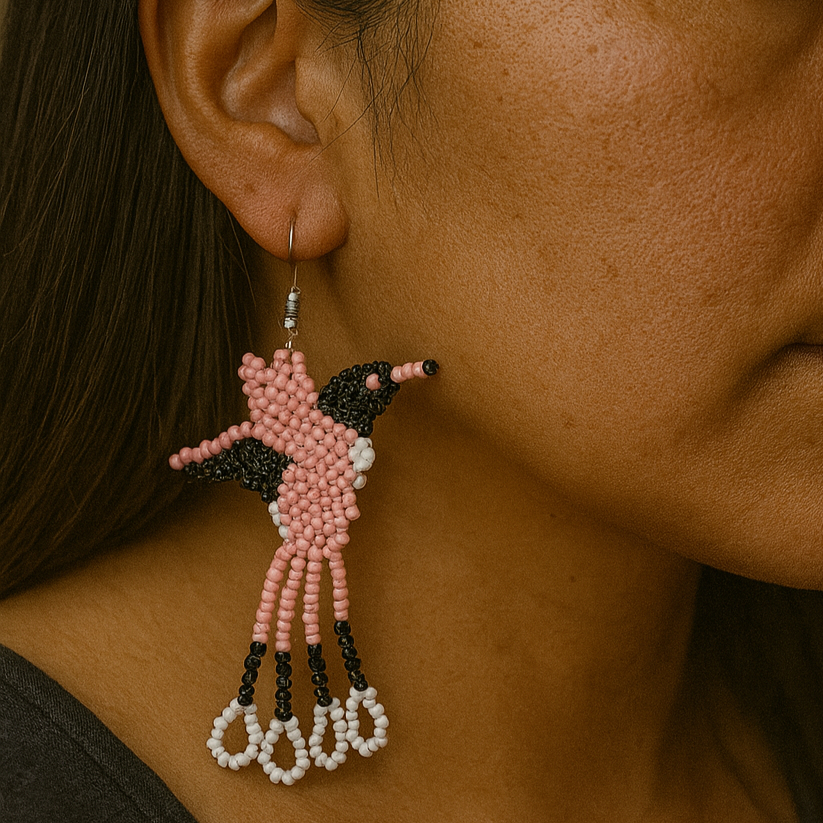Handmade Beaded Hummingbird Earrings – Pink & Black-1