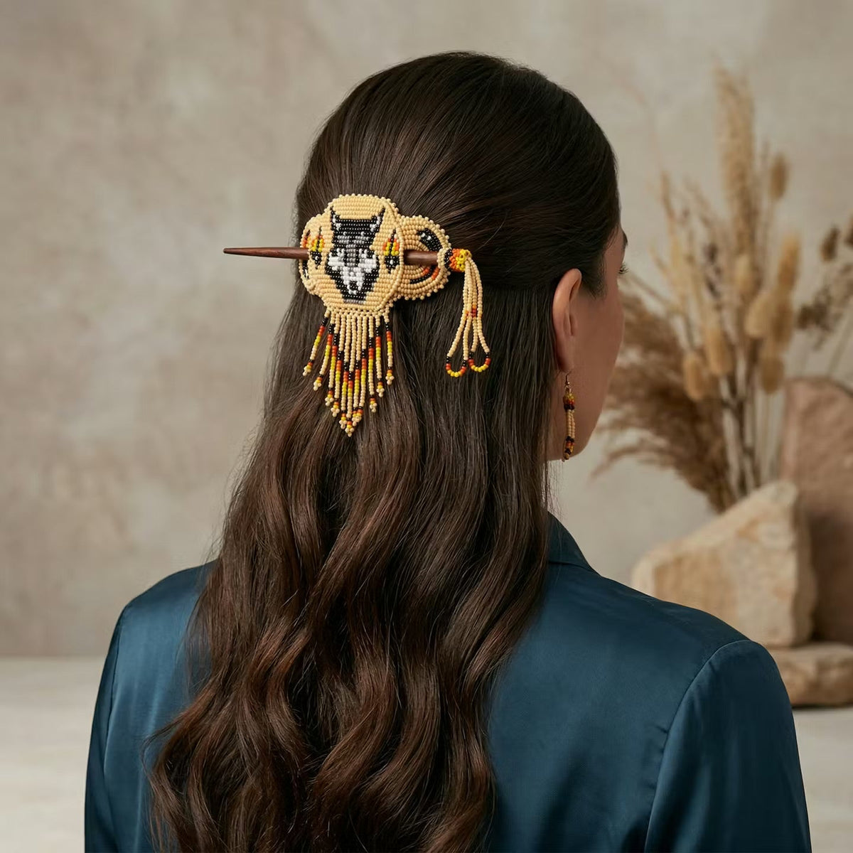 Wolf Fringed Beaded Barrette & Wooden Stick-15