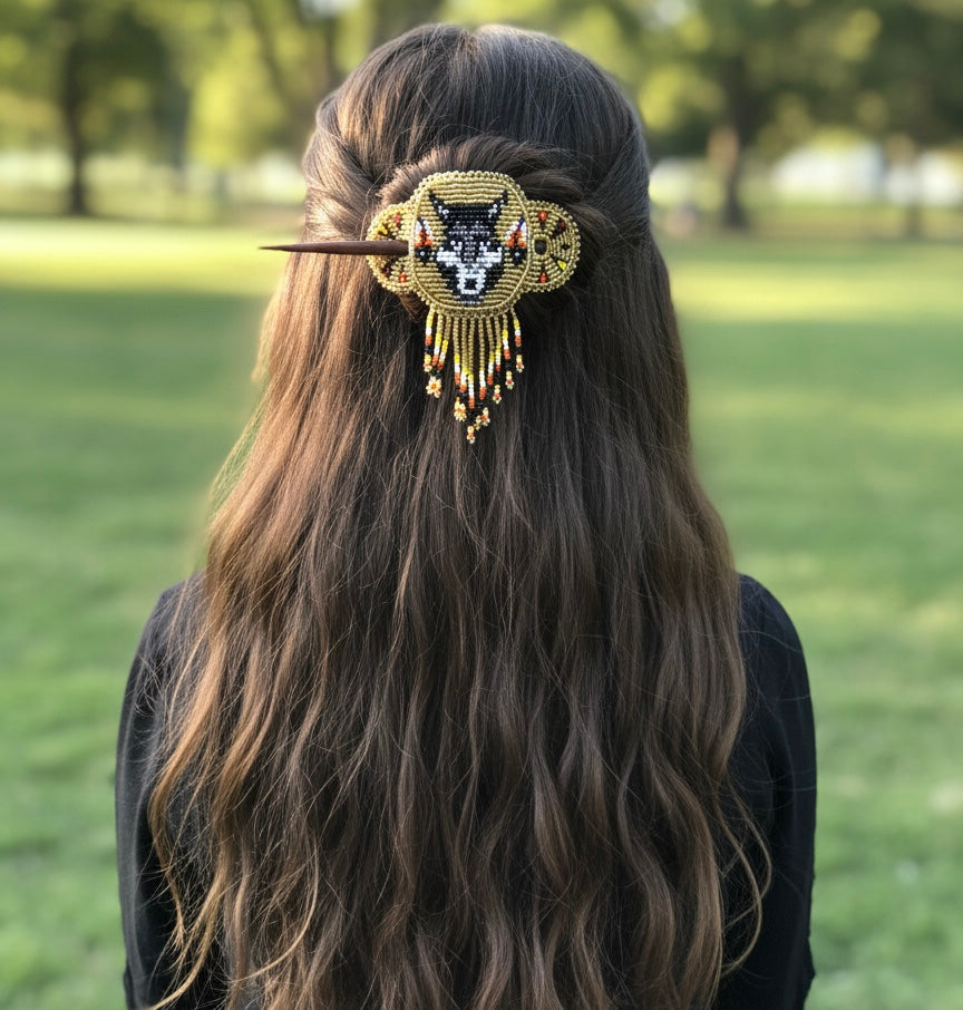 Wolf Fringed Beaded Barrette & Wooden Stick-14