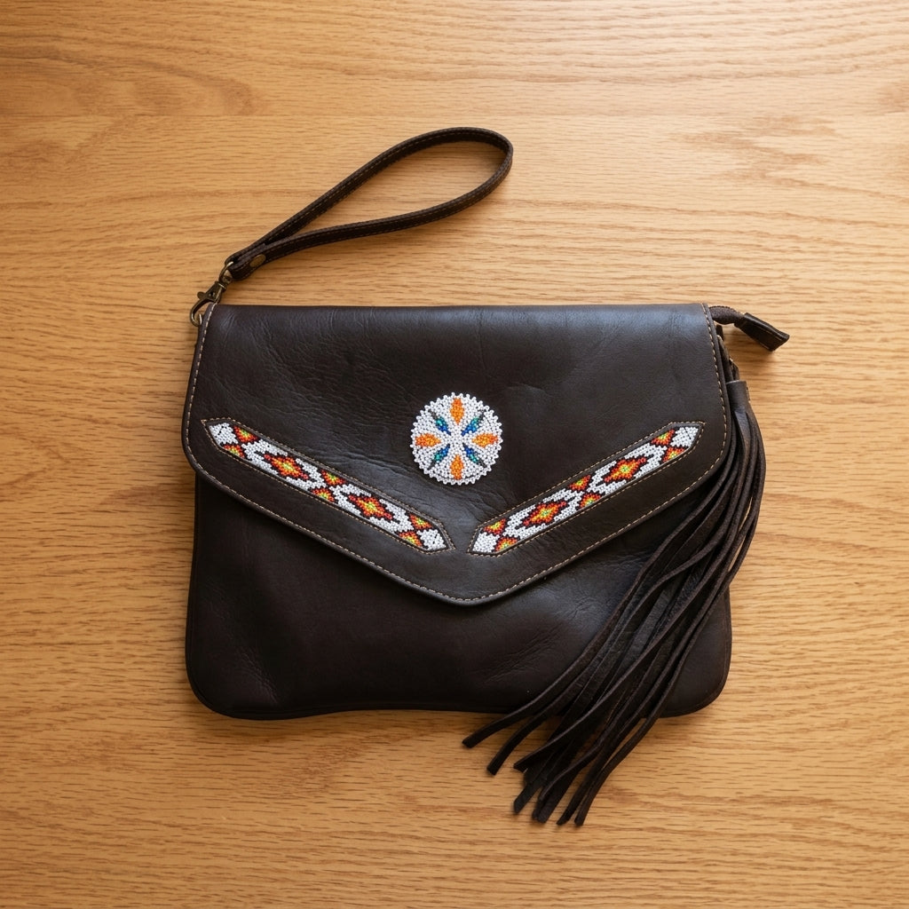Leather beaded Crossbody bag(Chocolate Brown)-3