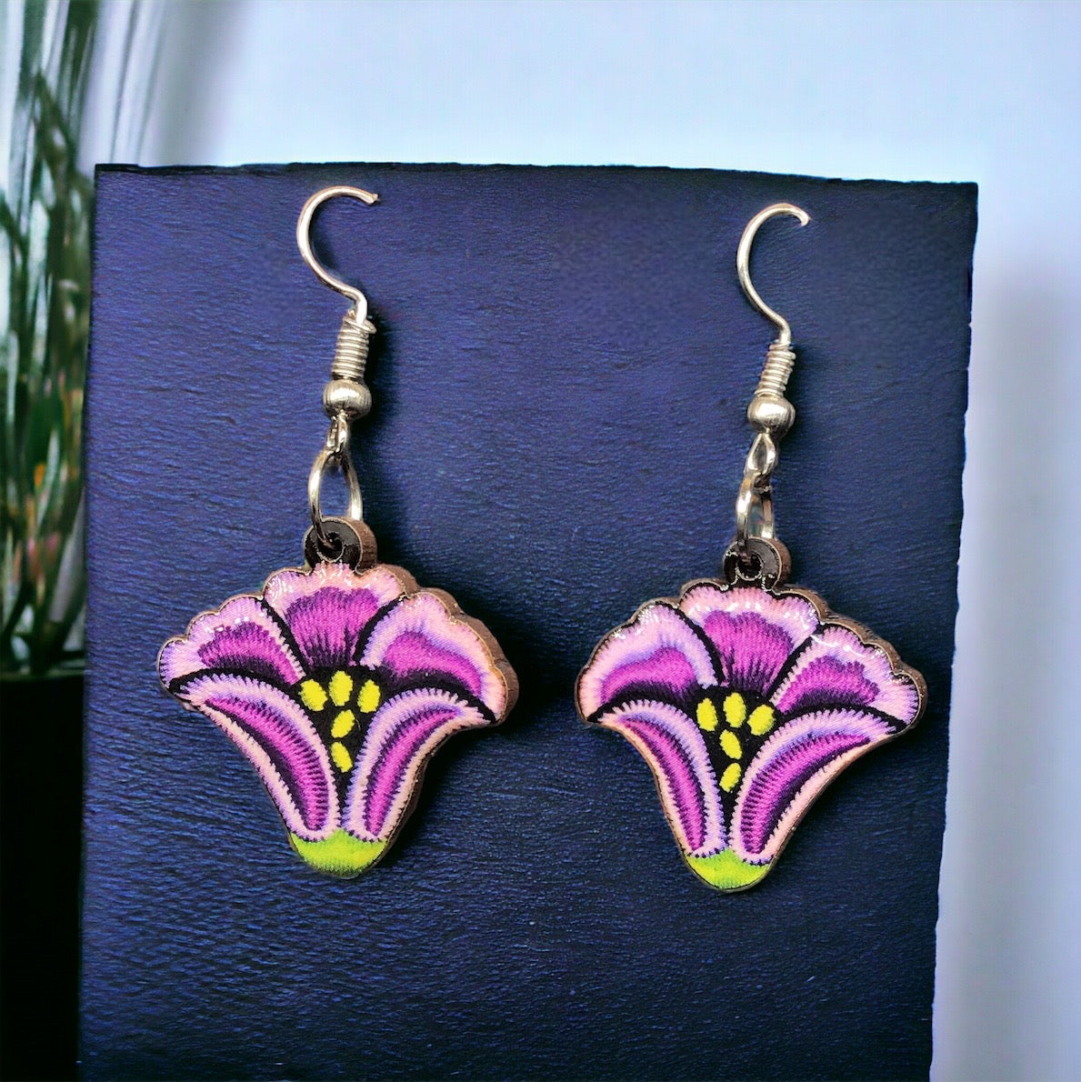 Painted Purple Flower Wood Earrings