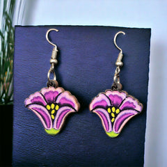 Painted Purple Flower Wood Earrings-1