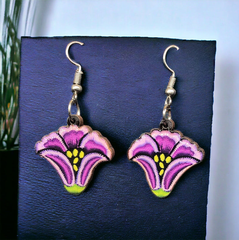 Painted Purple Flower Wood Earrings-1
