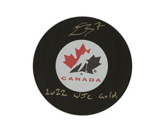 Palet de hockey autographe de Donovan Sebrango de l'équipe Canada, modèle autographié, avec l'inscription « 2022 WJC Gold »-1