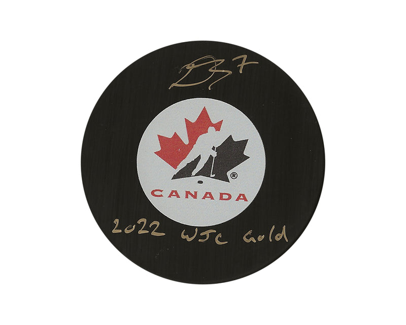 Palet de hockey autographe de Donovan Sebrango de l'équipe Canada, modèle autographié, avec l'inscription « 2022 WJC Gold »-1