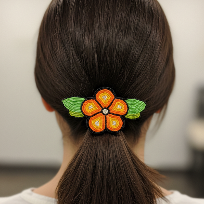 Orange and Yellow Beaded Flower Barrette-2