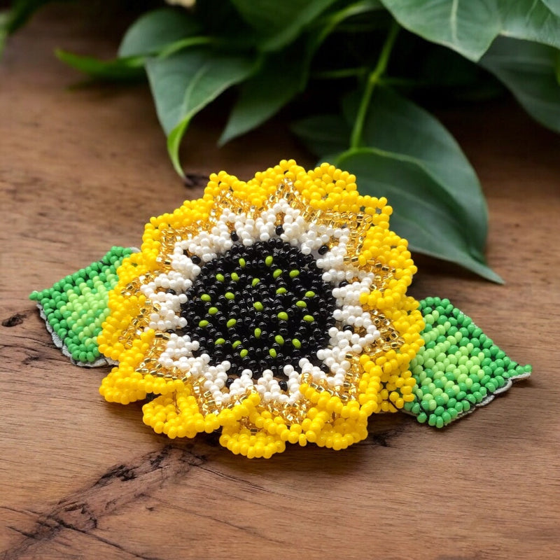 Handmade Beaded Sunflower Hair Clip-Golden and White-2