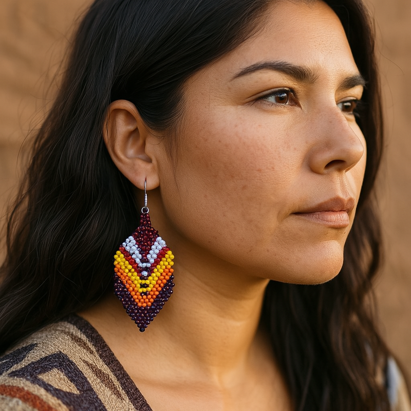 Purple and red Beaded Feather Drop Earrings-2