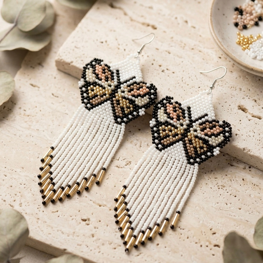 White Beaded Dancing Wing Earrings-2