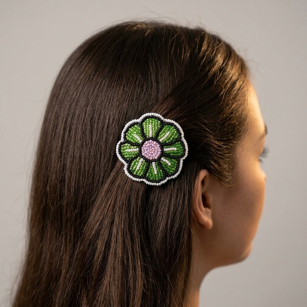 White Beaded Flower Barrette-2
