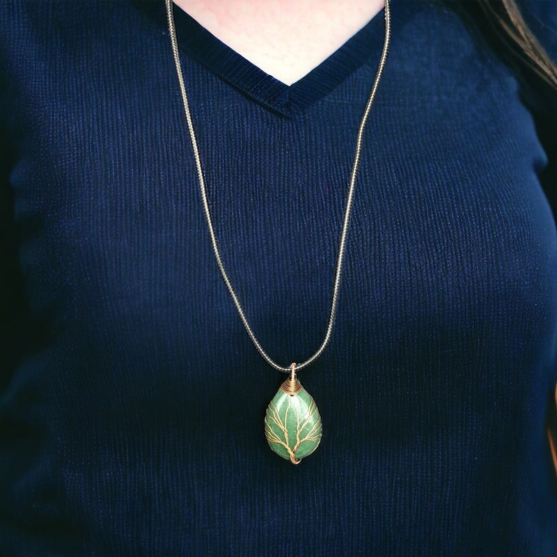 Green Gemstone Pendant Wrapped w/ Copper Tree of Life-1