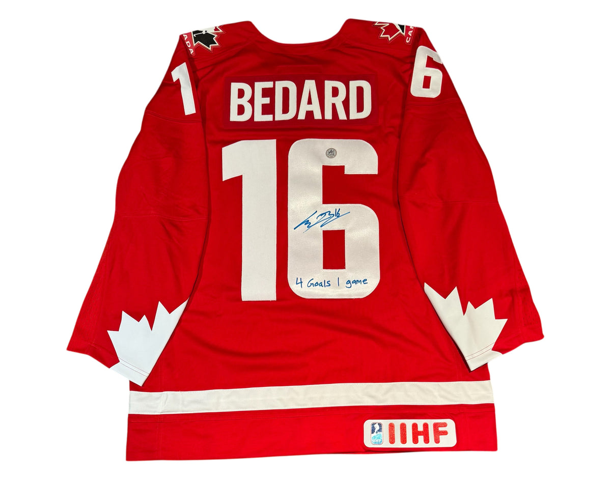 Connor Bedard Autographed Team Canada Heritage Red Nike Jersey Inscribed "4 Goals 1 Game"-1