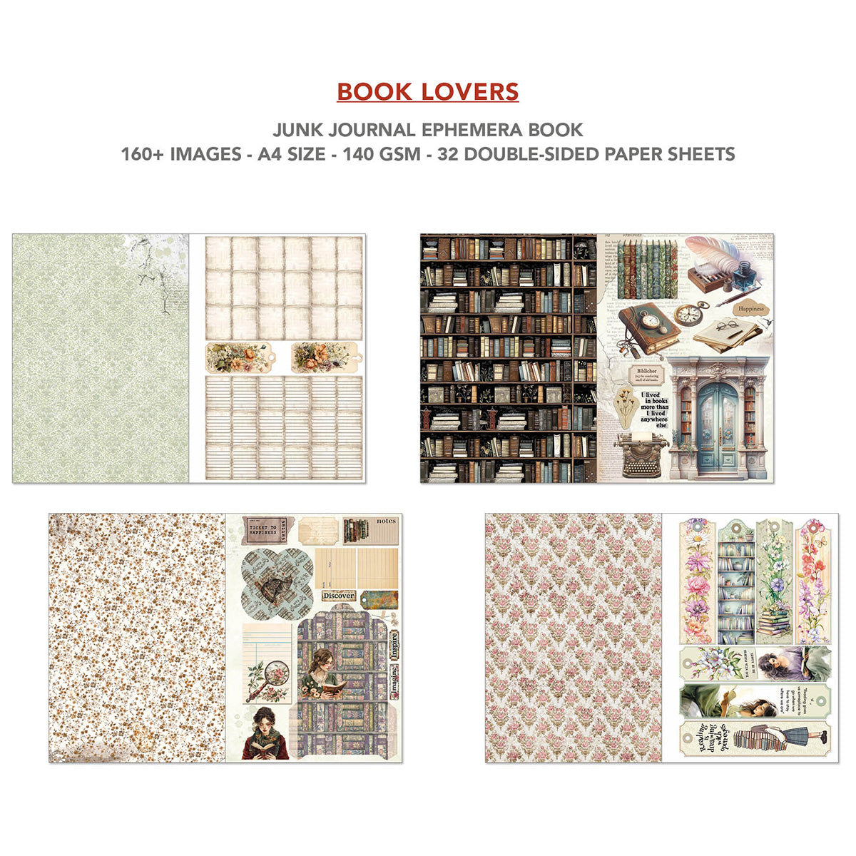 Book Lovers Junk Journal & Ephemera Book  A4 32/Pkg-4
