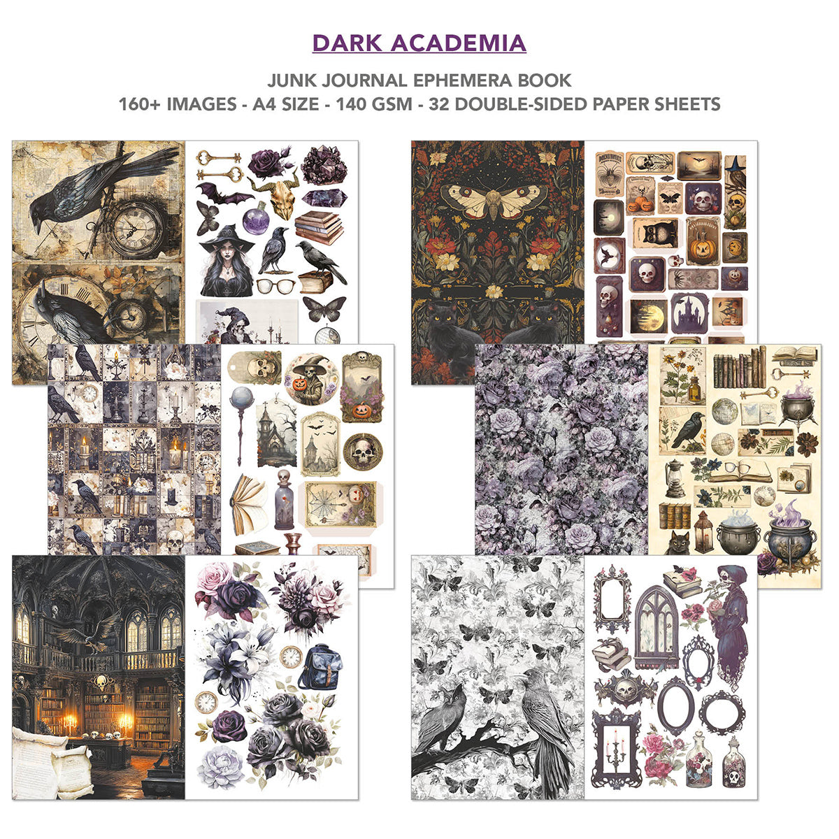 Dark Academia Junk Journal Ephemera Book A4 32/Pkg-3