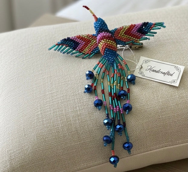 Pink white blue Hummingbird Barrette with Fringes-2