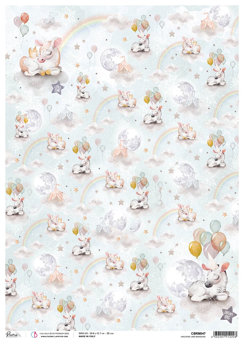 Rice Paper A3 Piuma Unicorns and Rainbows - 3 Sheets-1