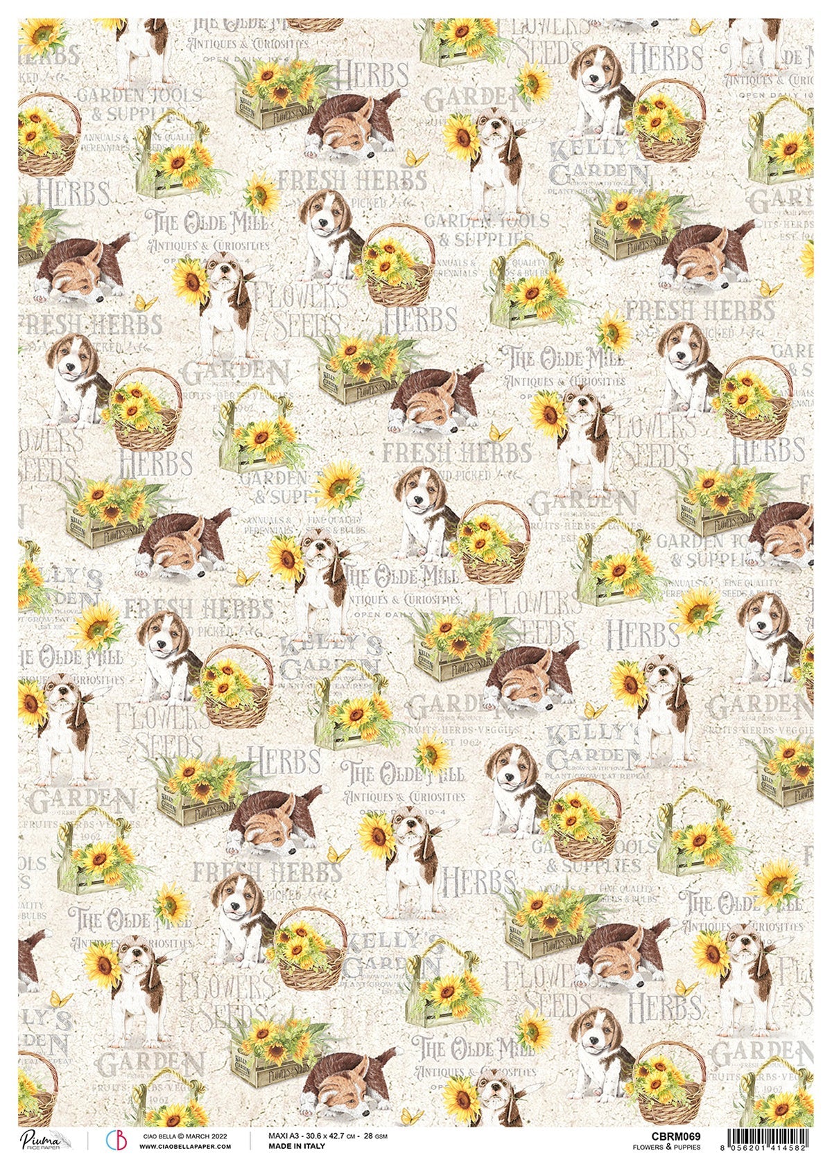 Ciao Bella Rice Paper A3 Piuma Flowers & Puppies - 3 Sheets-1