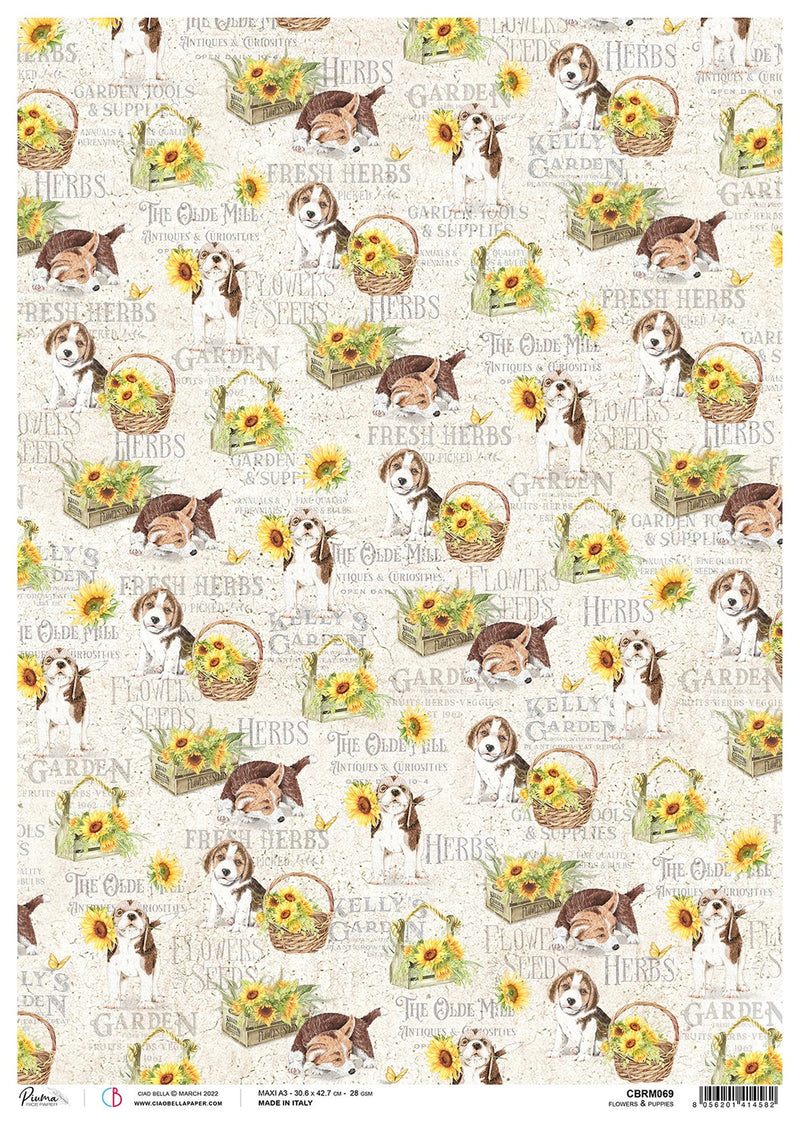 Ciao Bella Rice Paper A3 Piuma Flowers & Puppies - 3 Sheets-1