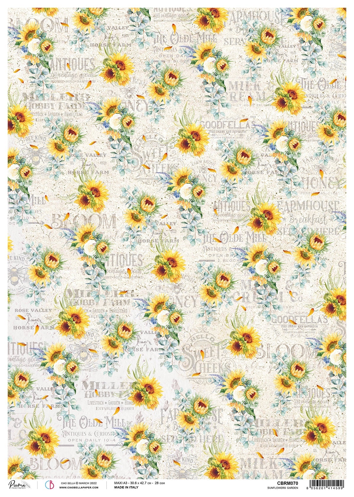 Ciao Bella Rice Paper A3 Piuma Sunflowers Garden - 3 Sheets-1