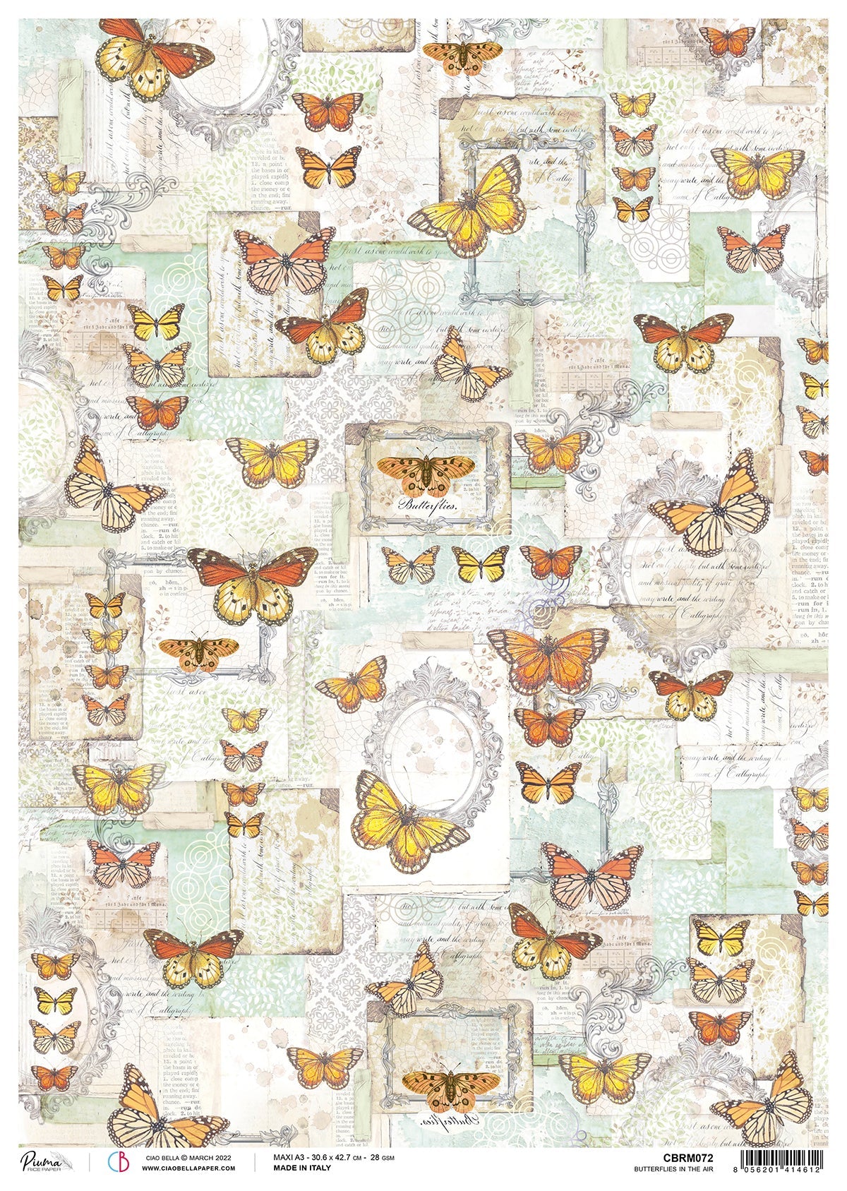 Ciao Bella Papel de Arroz A3 Piuma Mariposas en el Aire - 3 Hojas