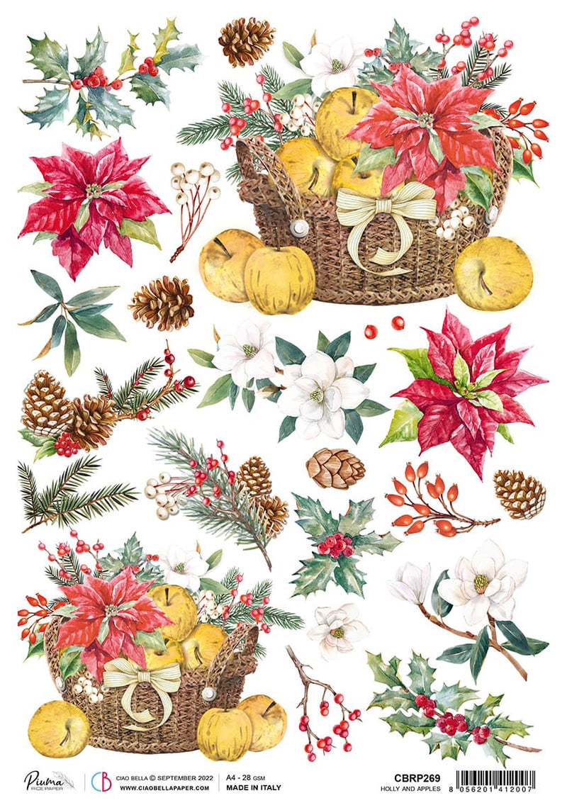 Rice Paper A4 Piuma Holly and Apples - 5 Sheets-1