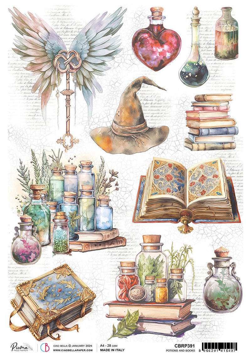 Papel de arroz A4 Piuma Potions And Books - 5 hojas-1